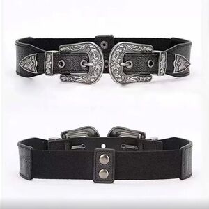 Black Western Women’s Vegan Leather Double Buckle Belt with Silver Buckles